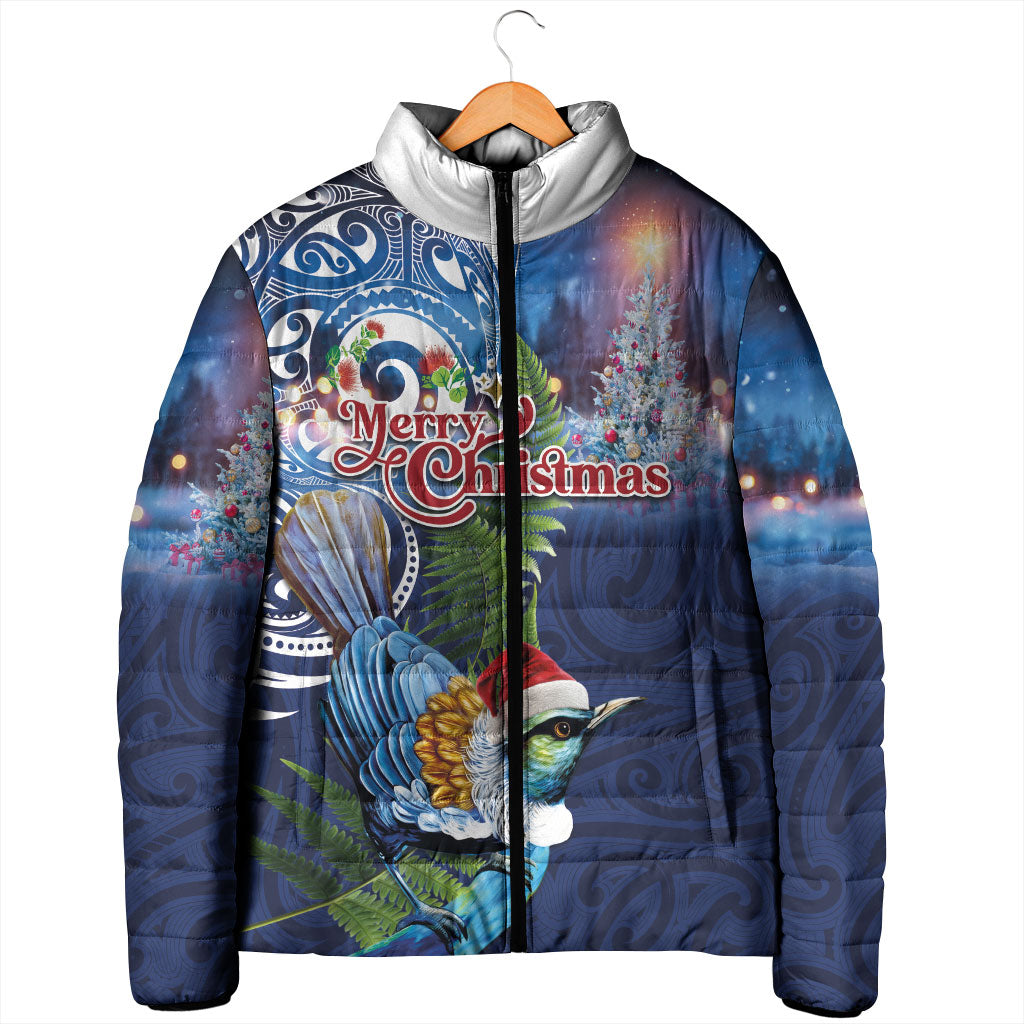 New Zealand Merry Christmas Padded Jacket Maori Tribal Pattern with Xmas Tui Bird