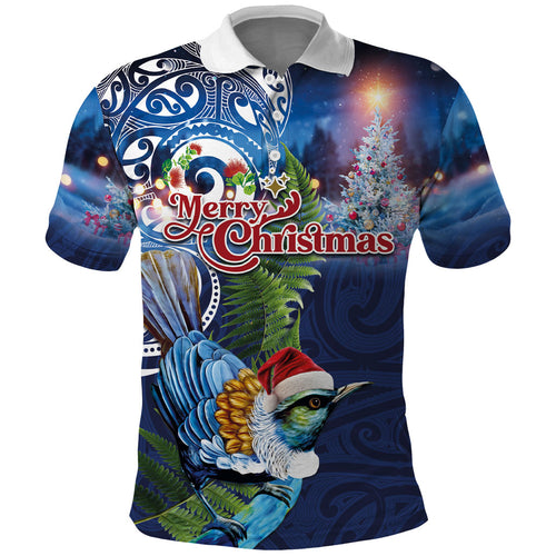 New Zealand Merry Christmas Polo Shirt Maori Tribal Pattern with Xmas Tui Bird