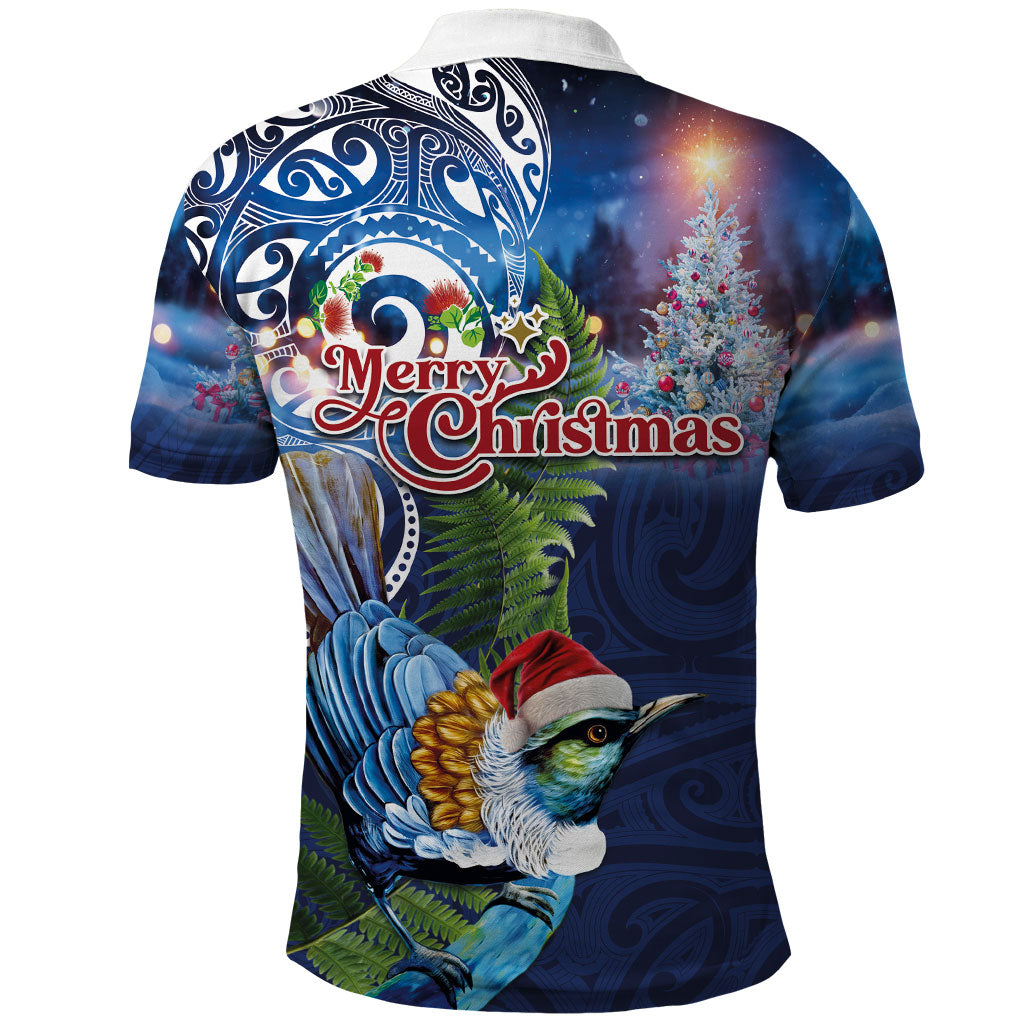 New Zealand Merry Christmas Polo Shirt Maori Tribal Pattern with Xmas Tui Bird