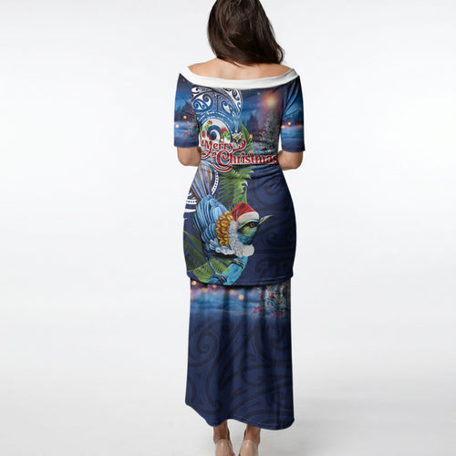 New Zealand Merry Christmas Puletasi Maori Tribal Pattern with Xmas Tui Bird