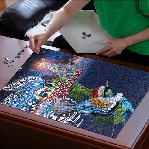 New Zealand Merry Christmas Puzzle Maori Tribal Pattern with Xmas Tui Bird