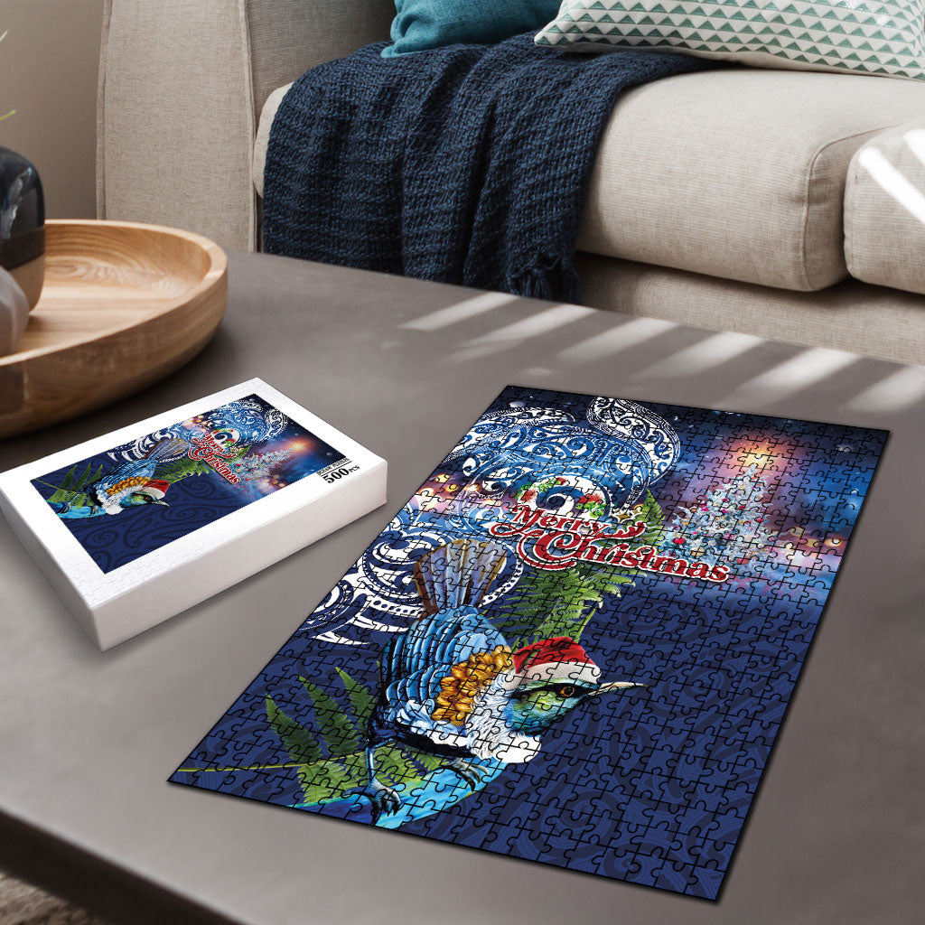 New Zealand Merry Christmas Puzzle Maori Tribal Pattern with Xmas Tui Bird