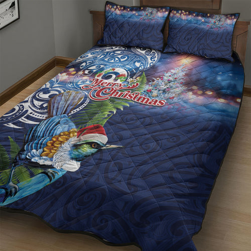 New Zealand Merry Christmas Quilt Bed Set Maori Tribal Pattern with Xmas Tui Bird