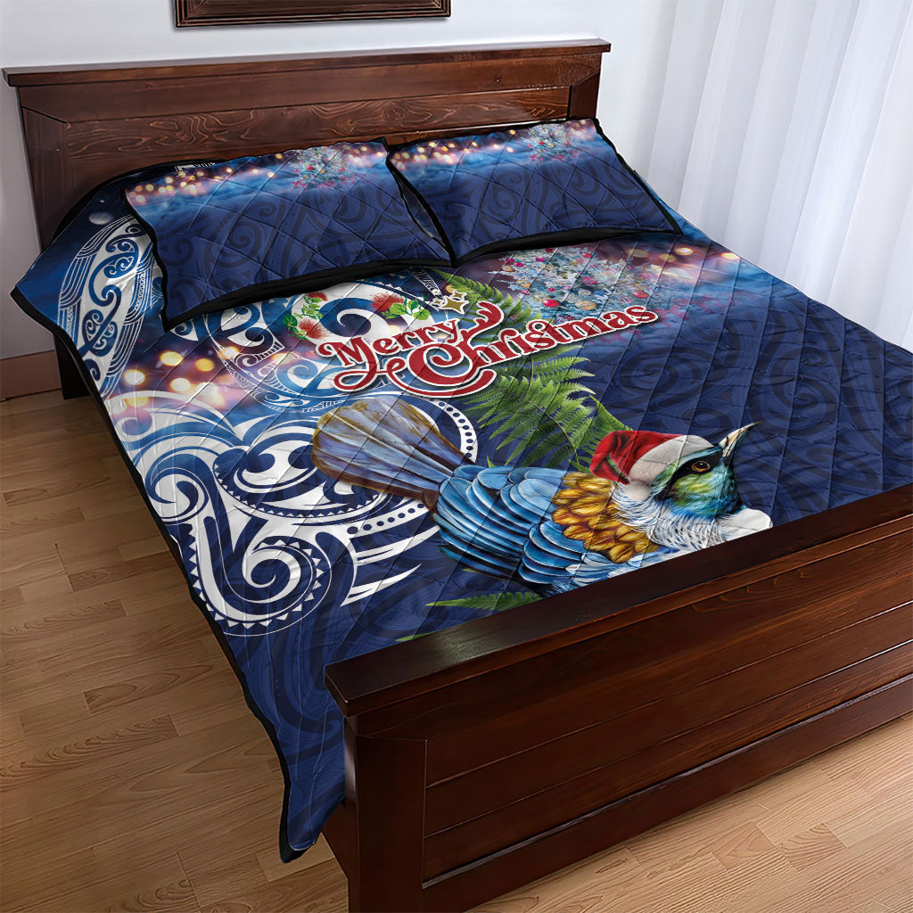 New Zealand Merry Christmas Quilt Bed Set Maori Tribal Pattern with Xmas Tui Bird