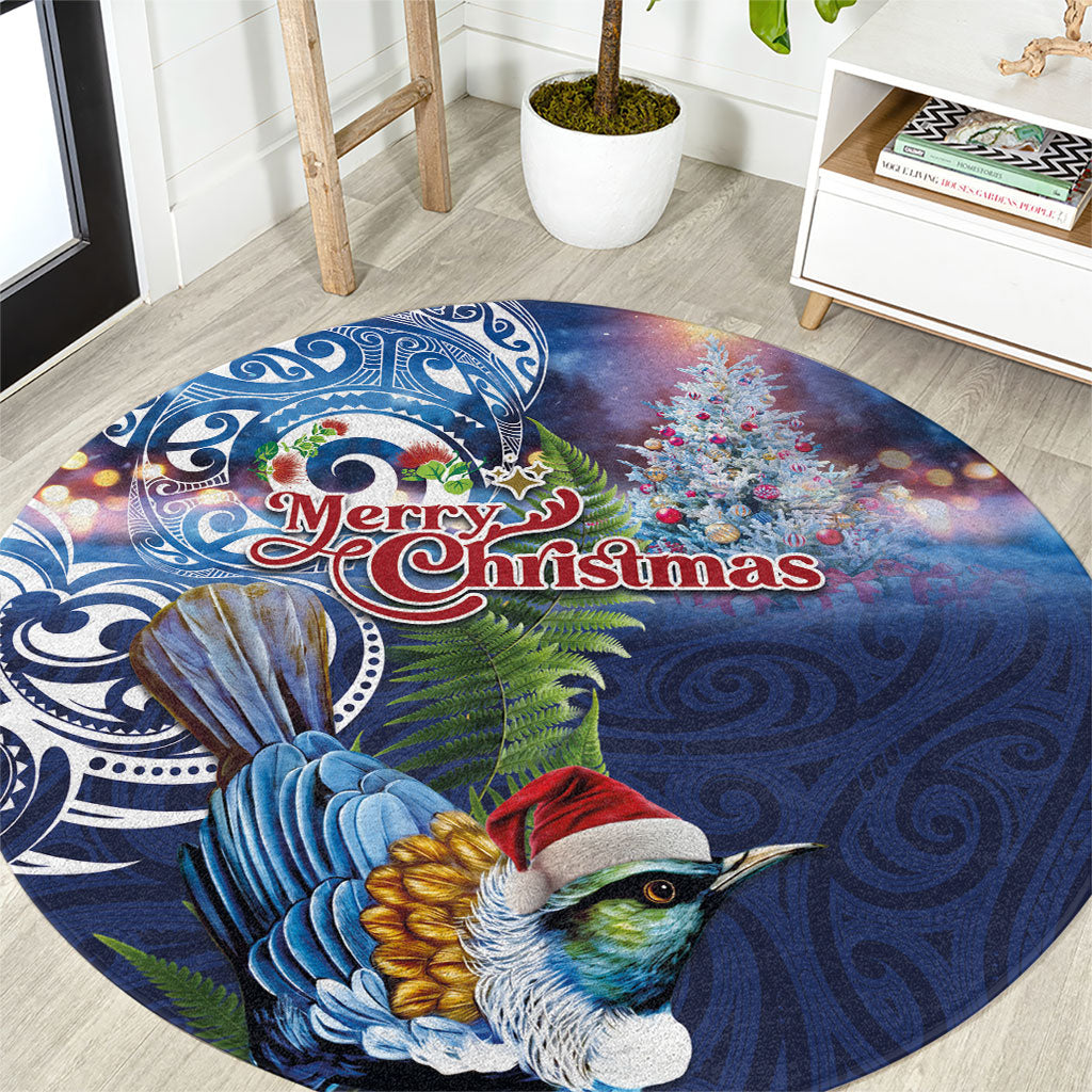 New Zealand Merry Christmas Round Carpet Maori Tribal Pattern with Xmas Tui Bird