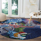 New Zealand Merry Christmas Round Carpet Maori Tribal Pattern with Xmas Tui Bird