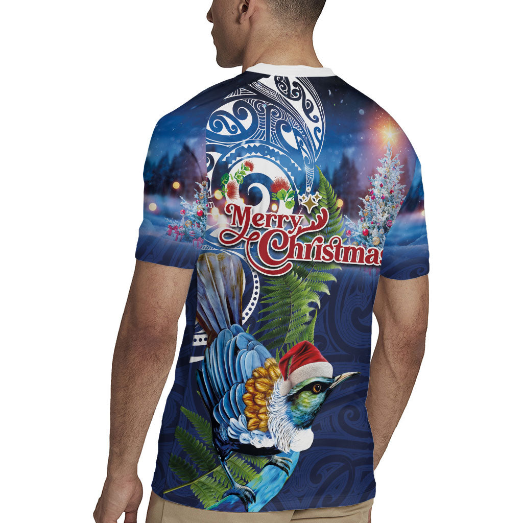 New Zealand Merry Christmas Rugby Jersey Maori Tribal Pattern with Xmas Tui Bird