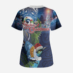 New Zealand Merry Christmas Scrub Top Maori Tribal Pattern with Xmas Tui Bird