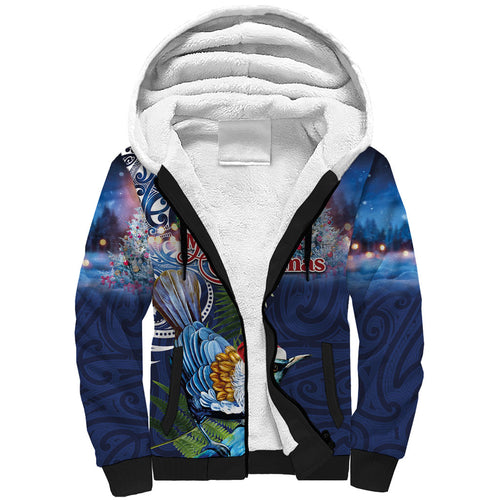 New Zealand Merry Christmas Sherpa Hoodie Maori Tribal Pattern with Xmas Tui Bird