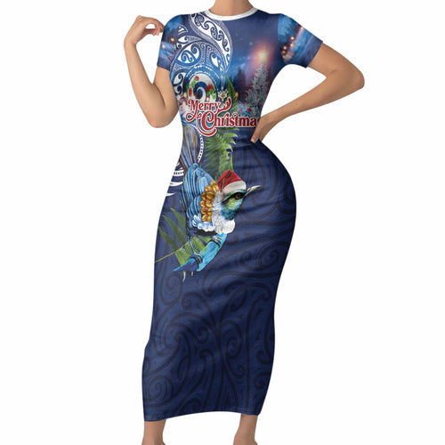 New Zealand Merry Christmas Short Sleeve Bodycon Dress Maori Tribal Pattern with Xmas Tui Bird
