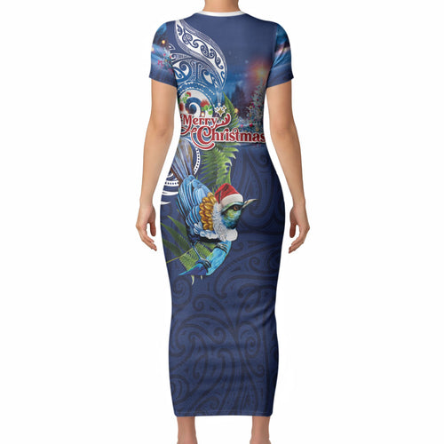 New Zealand Merry Christmas Short Sleeve Bodycon Dress Maori Tribal Pattern with Xmas Tui Bird