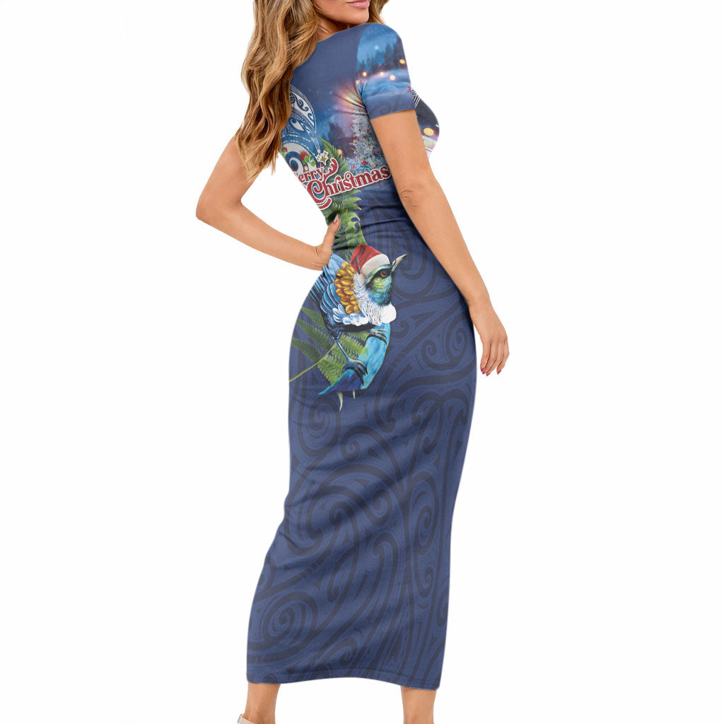 New Zealand Merry Christmas Short Sleeve Bodycon Dress Maori Tribal Pattern with Xmas Tui Bird LT03