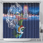New Zealand Merry Christmas Shower Curtain Maori Tribal Pattern with Xmas Tui Bird
