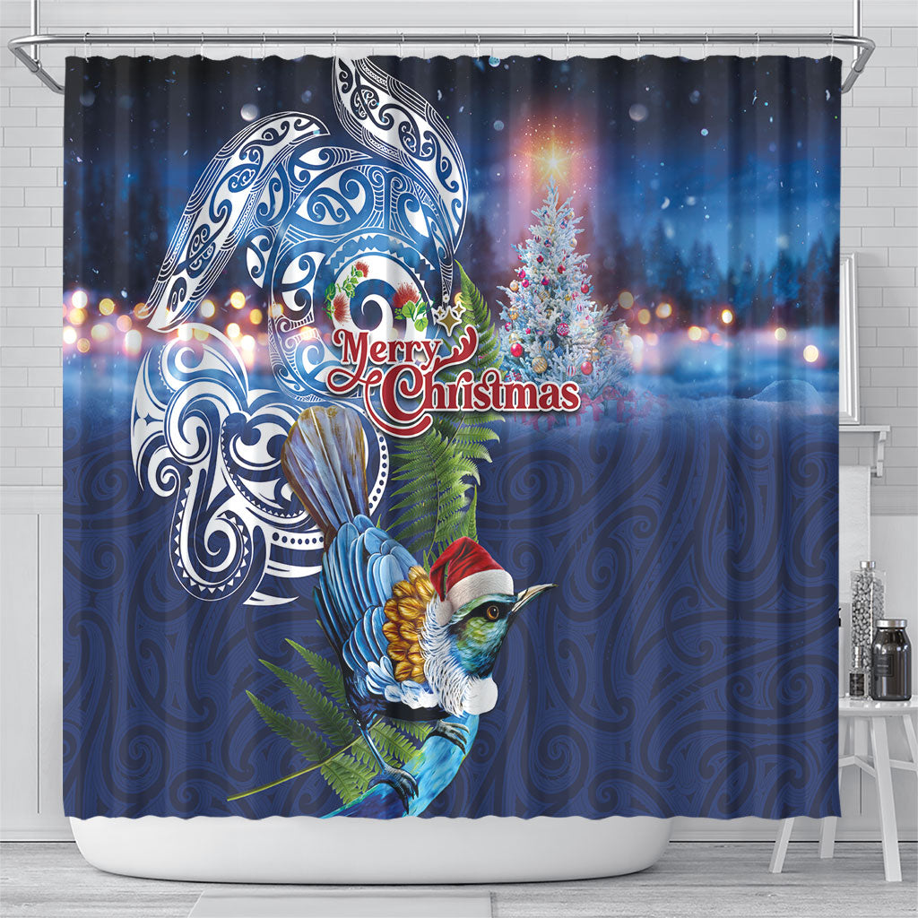 New Zealand Merry Christmas Shower Curtain Maori Tribal Pattern with Xmas Tui Bird