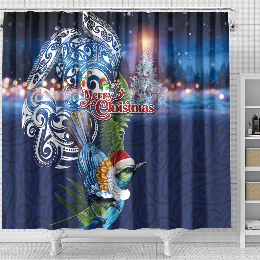 New Zealand Merry Christmas Shower Curtain Maori Tribal Pattern with Xmas Tui Bird