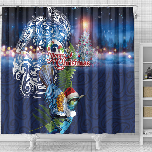 New Zealand Merry Christmas Shower Curtain Maori Tribal Pattern with Xmas Tui Bird