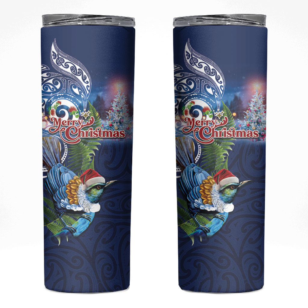 New Zealand Merry Christmas Skinny Tumbler Maori Tribal Pattern with Xmas Tui Bird