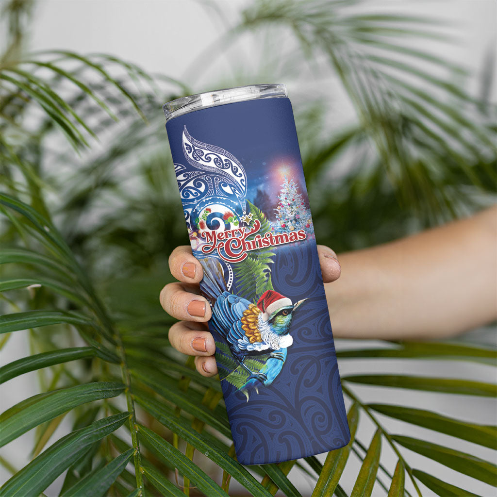 New Zealand Merry Christmas Skinny Tumbler Maori Tribal Pattern with Xmas Tui Bird