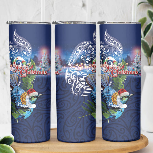 New Zealand Merry Christmas Skinny Tumbler Maori Tribal Pattern with Xmas Tui Bird