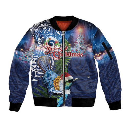 New Zealand Merry Christmas Sleeve Zip Bomber Jacket Maori Tribal Pattern with Xmas Tui Bird