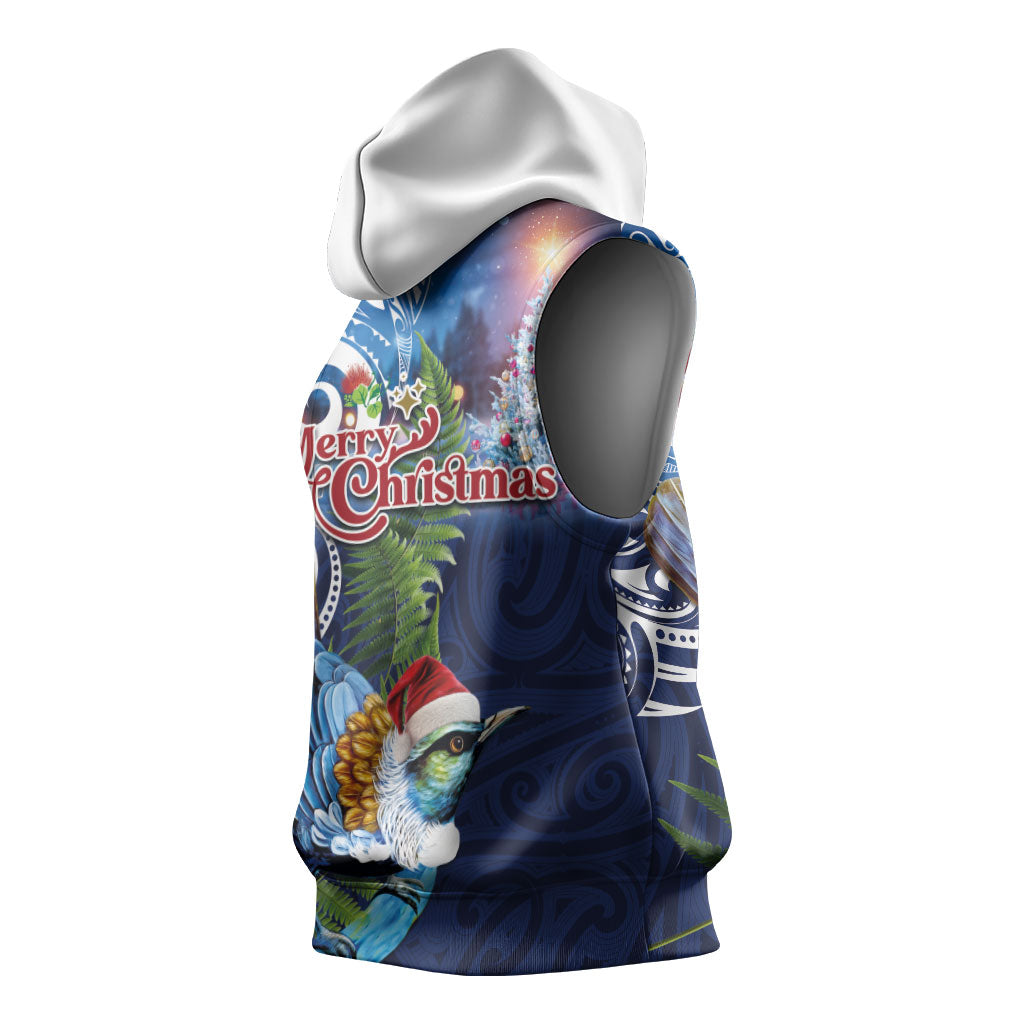 New Zealand Merry Christmas Sleeveless Hoodie Maori Tribal Pattern with Xmas Tui Bird