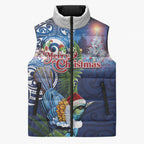 New Zealand Merry Christmas Sleeveless Puffer Jacket Maori Tribal Pattern with Xmas Tui Bird