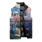 New Zealand Merry Christmas Sleeveless Puffer Jacket Maori Tribal Pattern with Xmas Tui Bird
