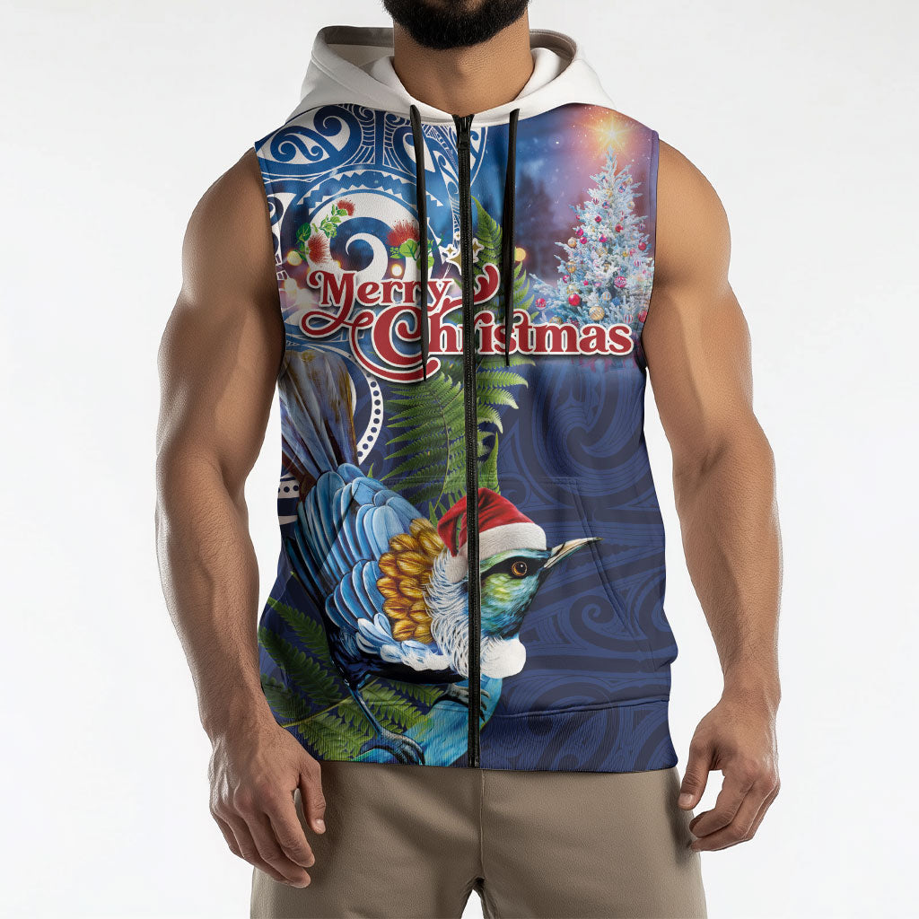 New Zealand Merry Christmas Sleeveless Zip Hoodie Maori Tribal Pattern with Xmas Tui Bird