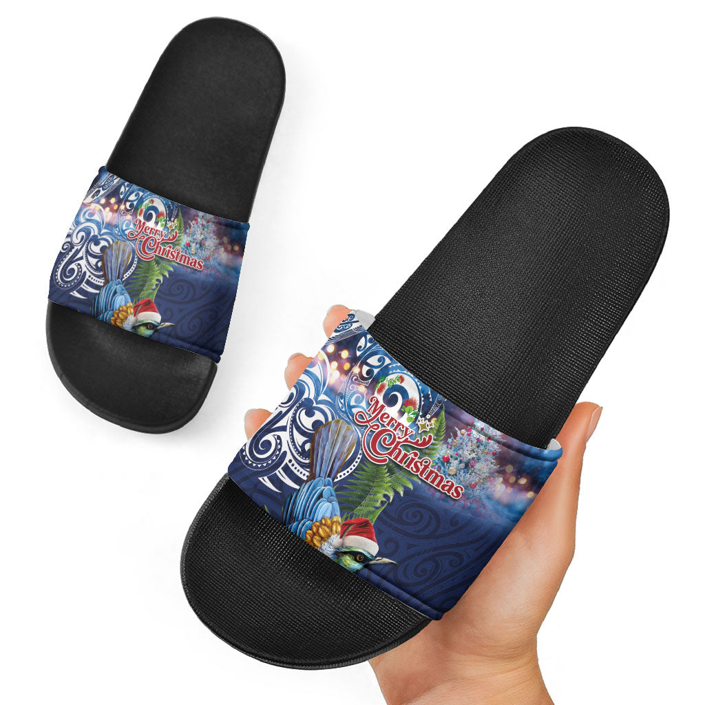 New Zealand Merry Christmas Slide Sandals Maori Tribal Pattern with Xmas Tui Bird