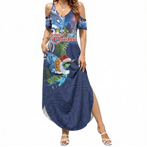 New Zealand Merry Christmas Summer Maxi Dress Maori Tribal Pattern with Xmas Tui Bird