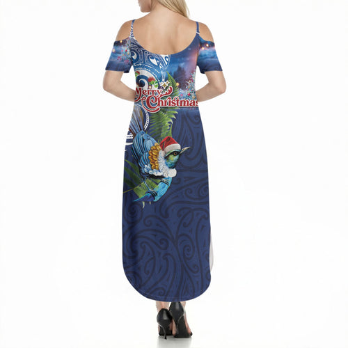 New Zealand Merry Christmas Summer Maxi Dress Maori Tribal Pattern with Xmas Tui Bird