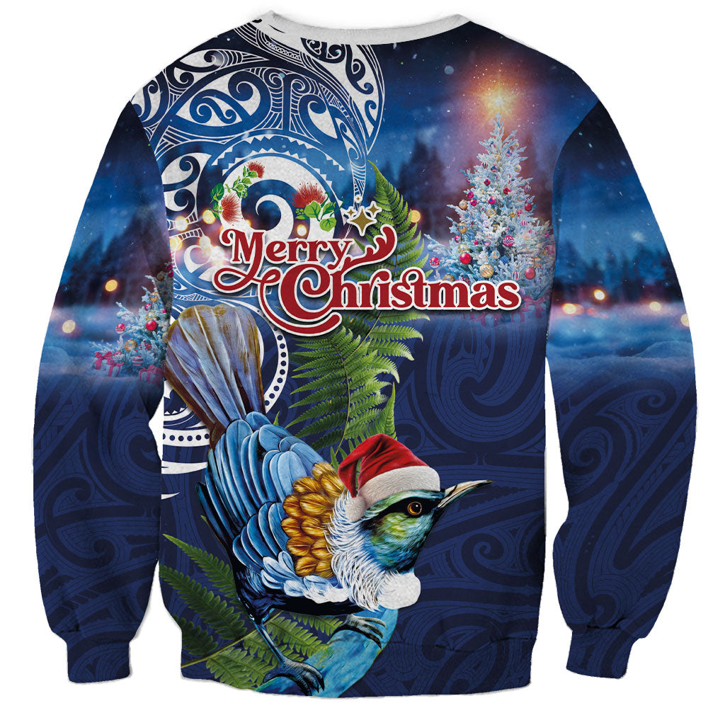 New Zealand Merry Christmas Sweatshirt Maori Tribal Pattern with Xmas Tui Bird