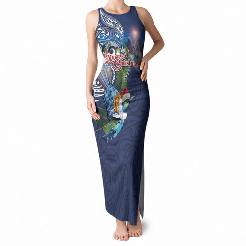 New Zealand Merry Christmas Tank Maxi Dress Maori Tribal Pattern with Xmas Tui Bird