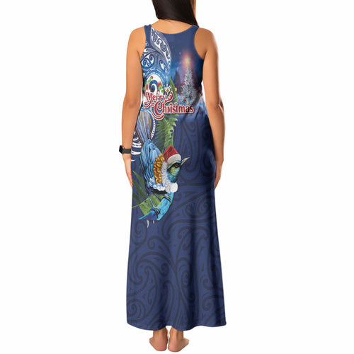 New Zealand Merry Christmas Tank Maxi Dress Maori Tribal Pattern with Xmas Tui Bird
