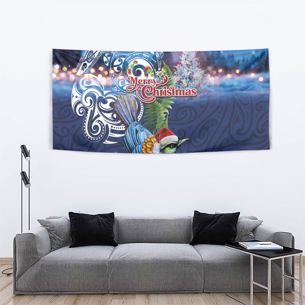 New Zealand Merry Christmas Tapestry Maori Tribal Pattern with Xmas Tui Bird
