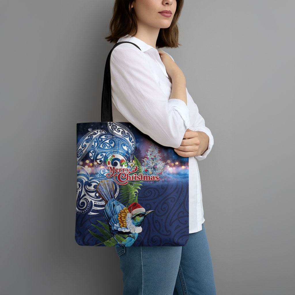 New Zealand Merry Christmas Tote Bag Maori Tribal Pattern with Xmas Tui Bird