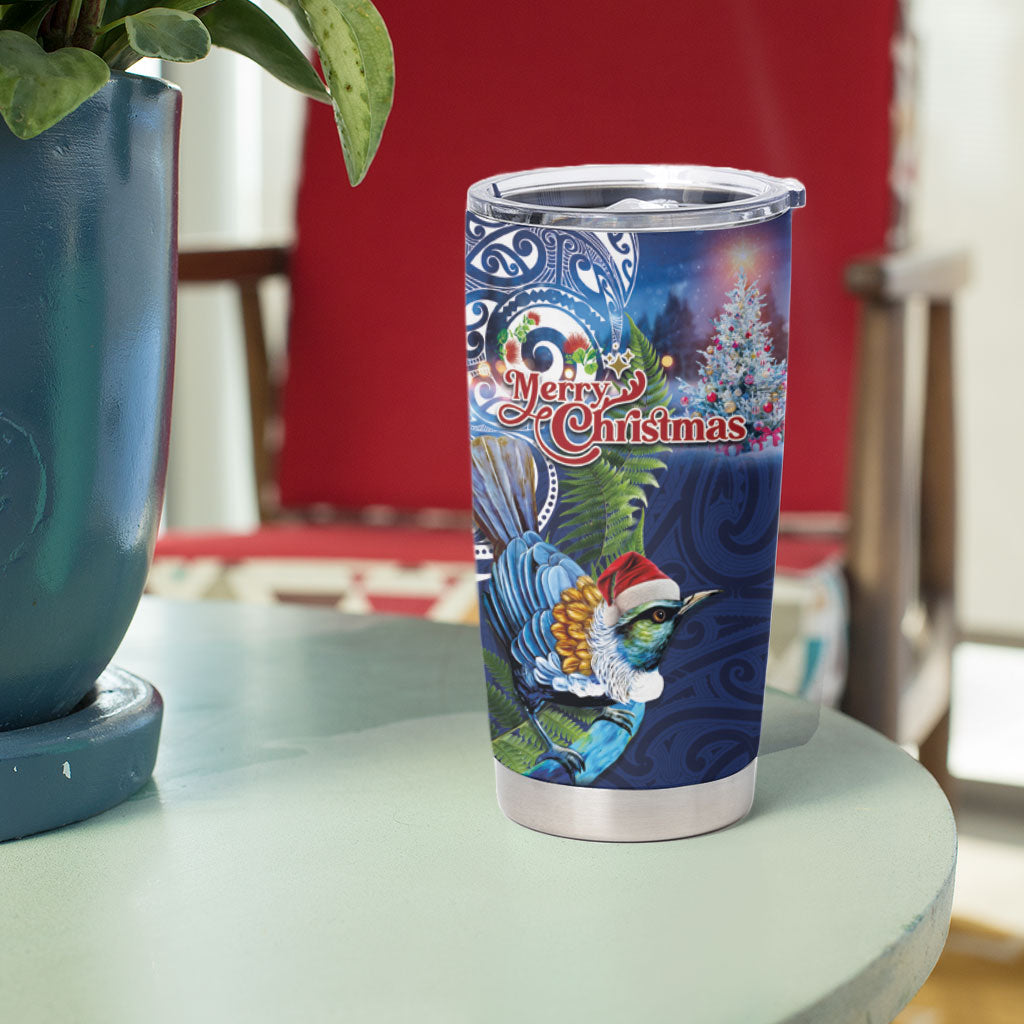 New Zealand Merry Christmas Tumbler Cup Maori Tribal Pattern with Xmas Tui Bird