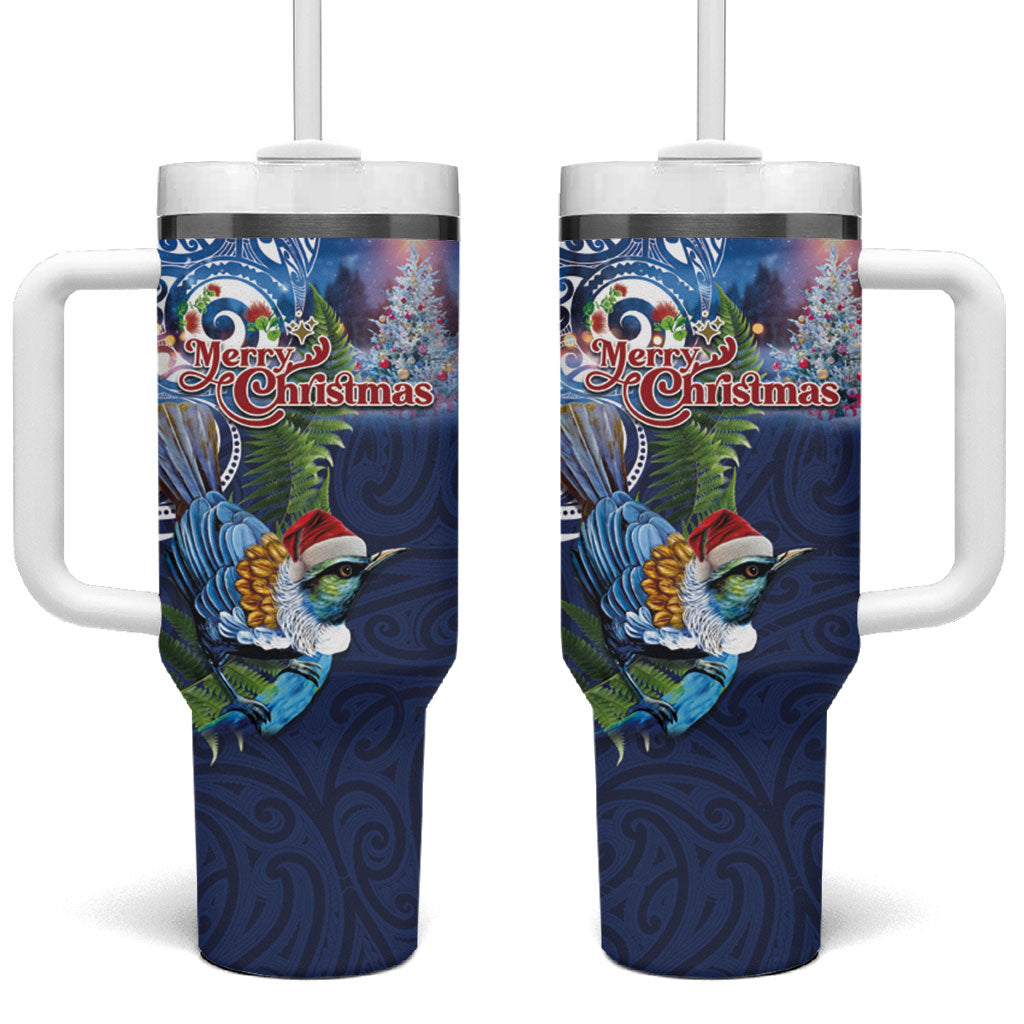 New Zealand Merry Christmas Tumbler With Handle Maori Tribal Pattern with Xmas Tui Bird