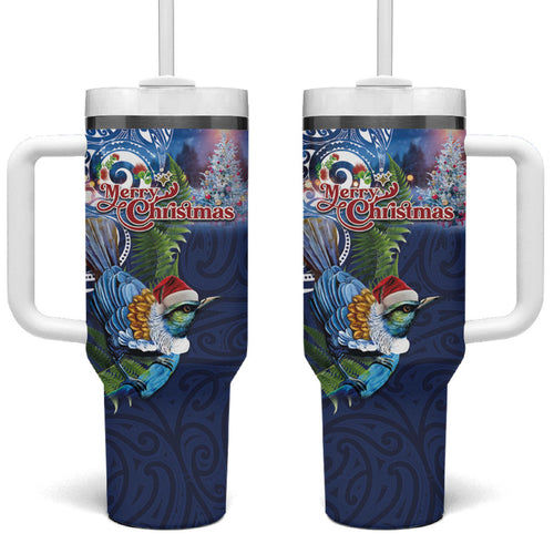 New Zealand Merry Christmas Tumbler With Handle Maori Tribal Pattern with Xmas Tui Bird