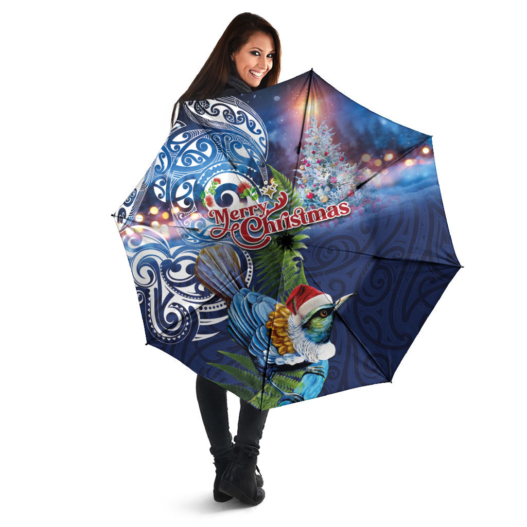 New Zealand Merry Christmas Umbrella Maori Tribal Pattern with Xmas Tui Bird