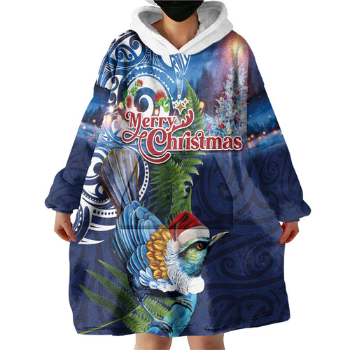 New Zealand Merry Christmas Wearable Blanket Hoodie Maori Tribal Pattern with Xmas Tui Bird