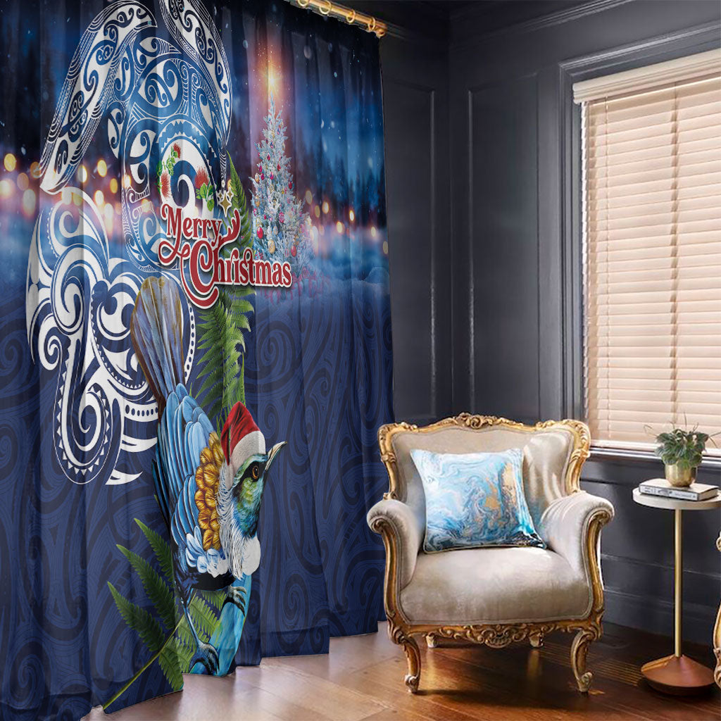 New Zealand Merry Christmas Window Curtain Maori Tribal Pattern with Xmas Tui Bird