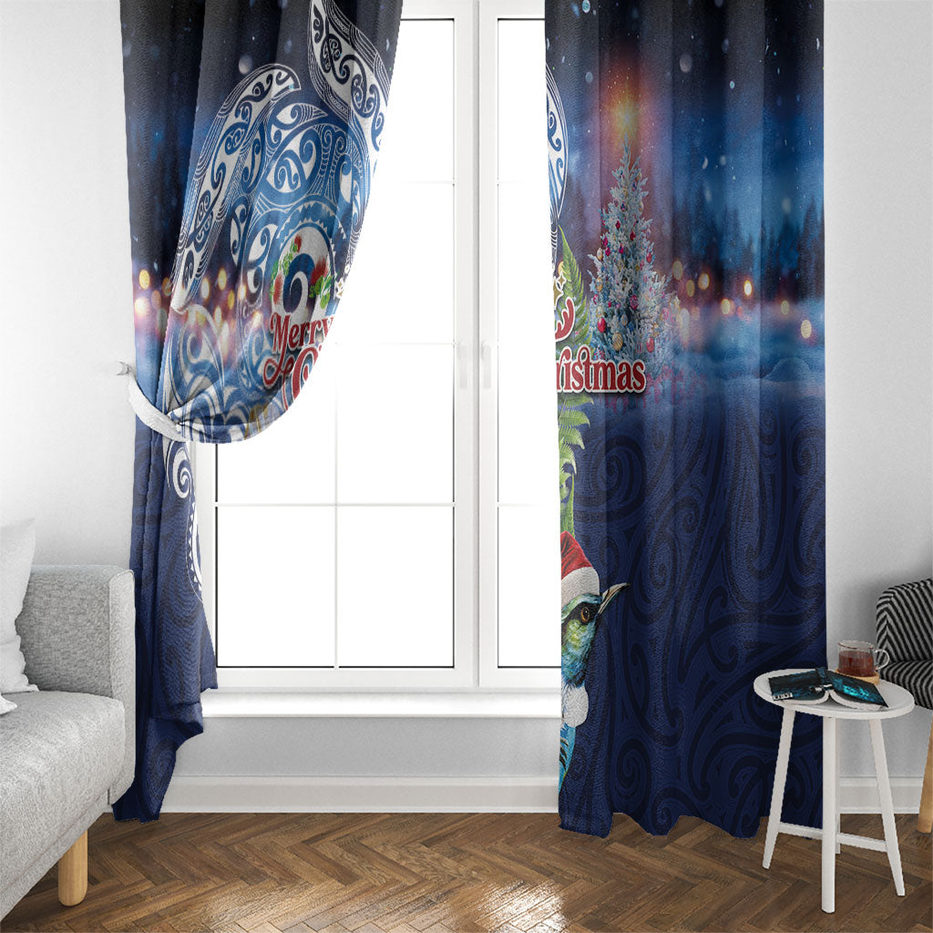 New Zealand Merry Christmas Window Curtain Maori Tribal Pattern with Xmas Tui Bird