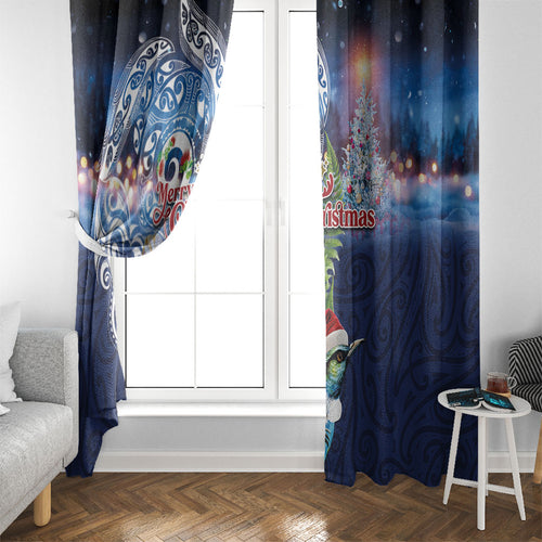 New Zealand Merry Christmas Window Curtain Maori Tribal Pattern with Xmas Tui Bird