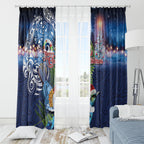 New Zealand Merry Christmas Window Curtain Maori Tribal Pattern with Xmas Tui Bird