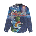New Zealand Merry Christmas Women Casual Shirt Maori Tribal Pattern with Xmas Tui Bird
