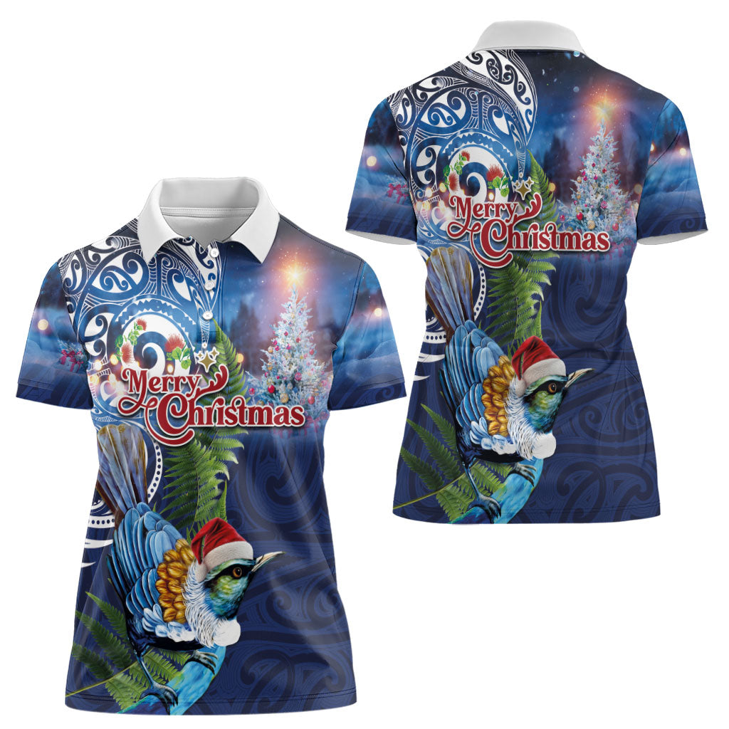 New Zealand Merry Christmas Women Polo Shirt Maori Tribal Pattern with Xmas Tui Bird