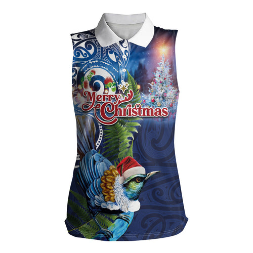 New Zealand Merry Christmas Women Sleeveless Polo Shirt Maori Tribal Pattern with Xmas Tui Bird