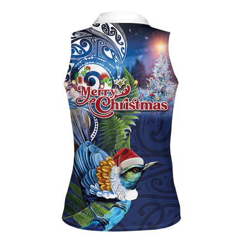 New Zealand Merry Christmas Women Sleeveless Polo Shirt Maori Tribal Pattern with Xmas Tui Bird