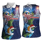 New Zealand Merry Christmas Women Sleeveless Polo Shirt Maori Tribal Pattern with Xmas Tui Bird